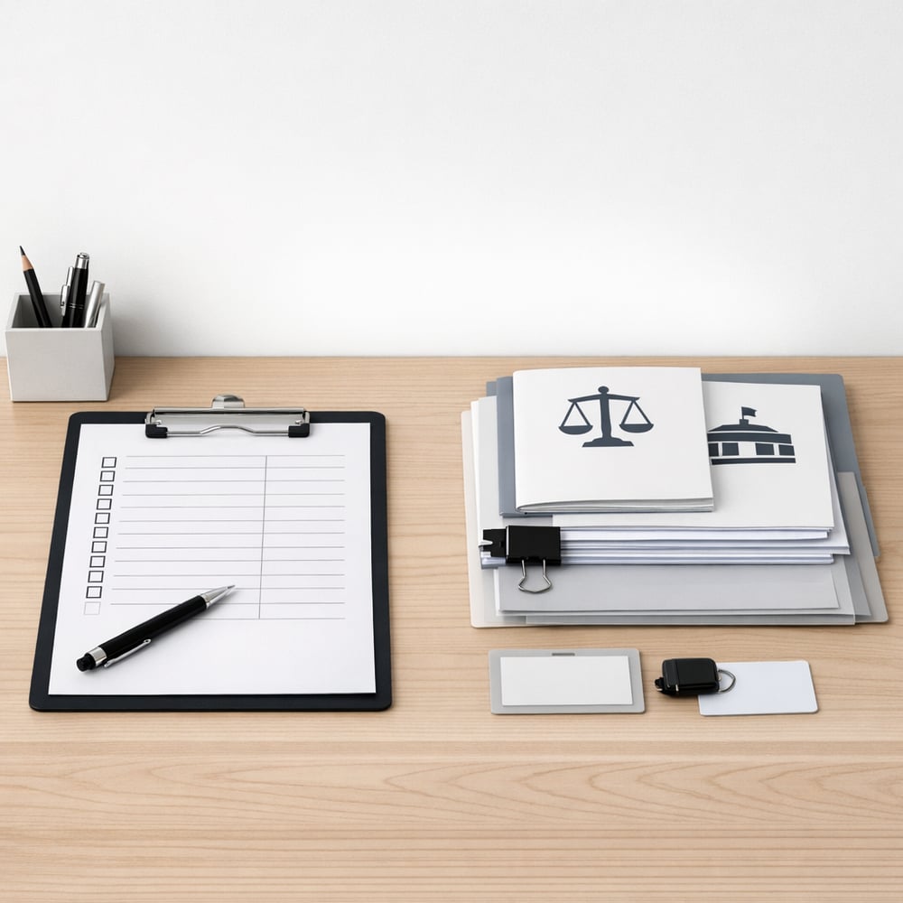 Minimalist workspace with employment law compliance checklist and Fair Work documentation neatly organized No visible text no words no letters Minimalist workspace with employment law compliance checklist and Fair Work documentation neatly organized No visible text no words no letters